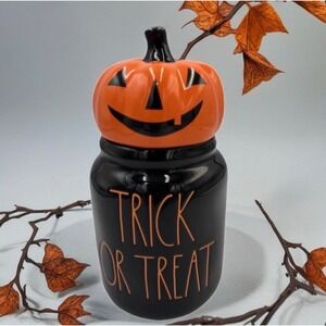 Rae Dunn Trick or Treat Halloween Canister Pumpkin Lid Black Orange Ceramic Jar